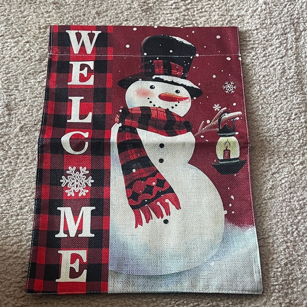 Festive Snowman Welcome Flag - Red and Black Plaid